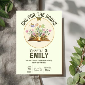 Storybook Birthday Invitation, One for the Books, Chapter 2, Second Birthday, Library Theme (Digital Download)