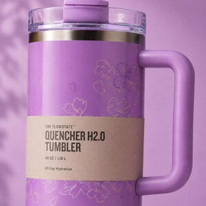 May include: A lilac-coloured tumbler with a handle and a clear lid. The tumbler features a floral design and the text "QUENCHER H2.0 TUMBLER" on a tan label. It holds 1.18 L and is designed for all-day hydration.