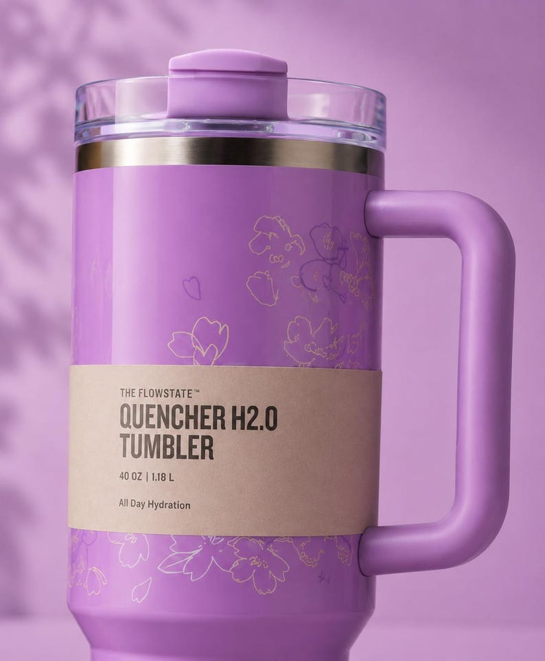 May include: A lilac-coloured tumbler with a handle and a clear lid. The tumbler features a floral design and the text "QUENCHER H2.0 TUMBLER" on a tan label. It holds 1.18 L and is designed for all-day hydration.