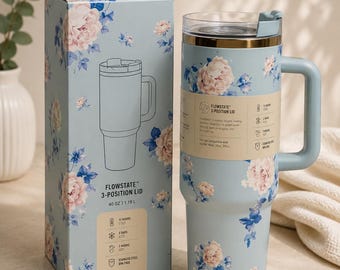 Blue Floral Stanley Tumbler Mockup | Feminine Styled Stock Photo (Digital Download)