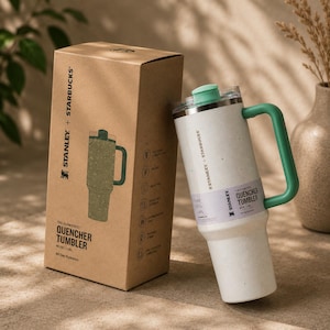 Puede incluir: Un vaso Flowstate Quencher Stanley + Starbucks blanco y verde con asa y tapa verdes, junto a su caja de cart&oacute;n. El vaso es de 1,18 L y presenta el texto "QUENCHER TUMBLER".