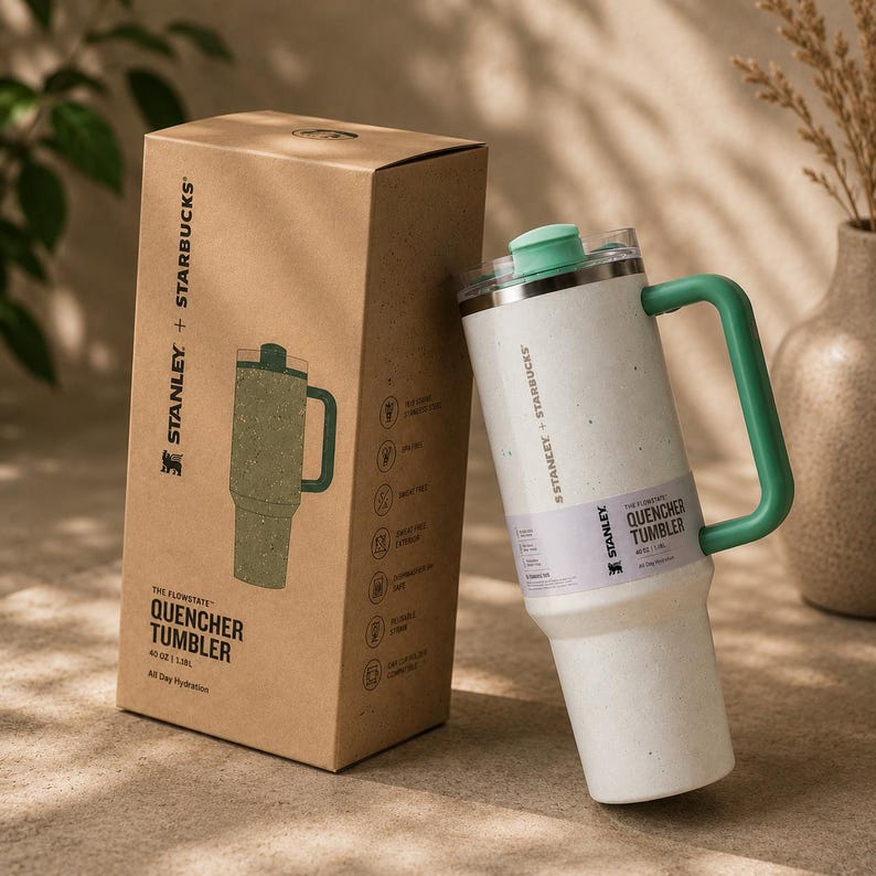 Puede incluir: Un vaso Flowstate Quencher Stanley + Starbucks blanco y verde con asa y tapa verdes, junto a su caja de cart&oacute;n. El vaso es de 1,18 L y presenta el texto "QUENCHER TUMBLER".