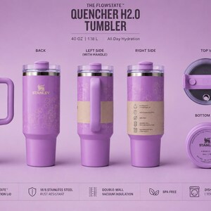 May include: A lavender Stanley Quencher H2.0 Tumbler, 1.18 L, shown from multiple angles. The tumbler features a handle, a lid, and double-wall vacuum insulation. The text on the tumbler reads "QUENCHER H2.0 TUMBLER".