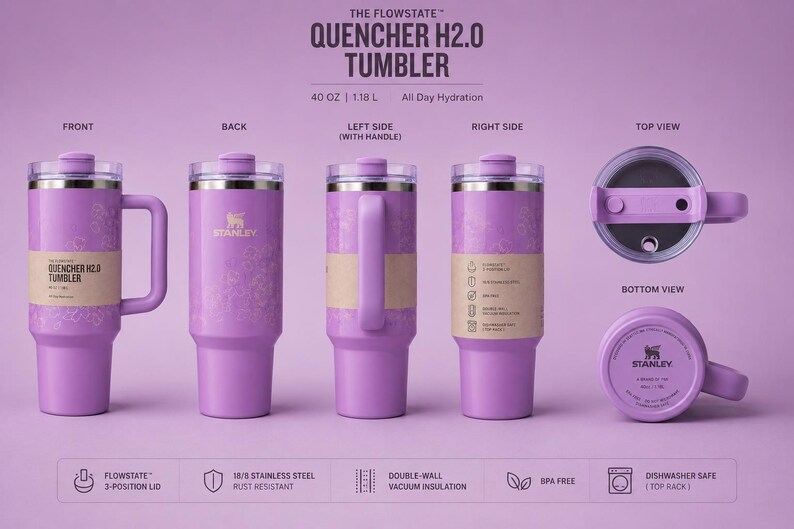May include: A lavender Stanley Quencher H2.0 Tumbler, 1.18 L, shown from multiple angles. The tumbler features a handle, a lid, and double-wall vacuum insulation. The text on the tumbler reads "QUENCHER H2.0 TUMBLER".