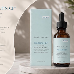 Peut inclure: Pr&eacute;sentation d'un produit de soin de la peau avec une bouteille en verre marron et un compte-gouttes noir, ainsi qu'une bo&icirc;te bleu clair. Le texte sur la bouteille et la bo&icirc;te indique "PHLORETIN CF" et "Combination Antioxidant Treatment". La bouteille contient 30 ml.