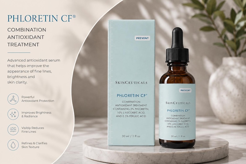 Peut inclure: Pr&eacute;sentation d'un produit de soin de la peau avec une bouteille en verre marron et un compte-gouttes noir, ainsi qu'une bo&icirc;te bleu clair. Le texte sur la bouteille et la bo&icirc;te indique "PHLORETIN CF" et "Combination Antioxidant Treatment". La bouteille contient 30 ml.