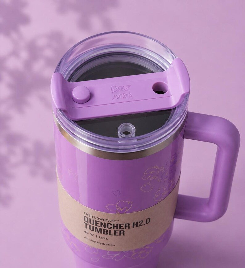 May include: A lilac Stanley Quencher H2.0 tumbler with a handle and clear lid. The tumbler has a capacity of 1.18 L and features a floral design. The text "THE FLOWSTATE QUENCHER H2.0 TUMBLER" is printed on the side.