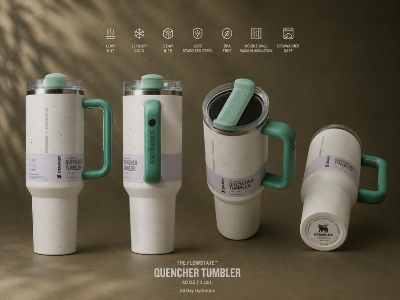 Puede incluir: Se muestran cuatro vasos Stanley Quencher blancos y verdes. Cada vaso tiene un asa y una tapa verdes. El texto de la etiqueta dice "QUENCHER TUMBLER" y "40 OZ | 1.18 L". La imagen tambi&eacute;n muestra iconos de caliente, fr&iacute;o, helado y acero inoxidable.