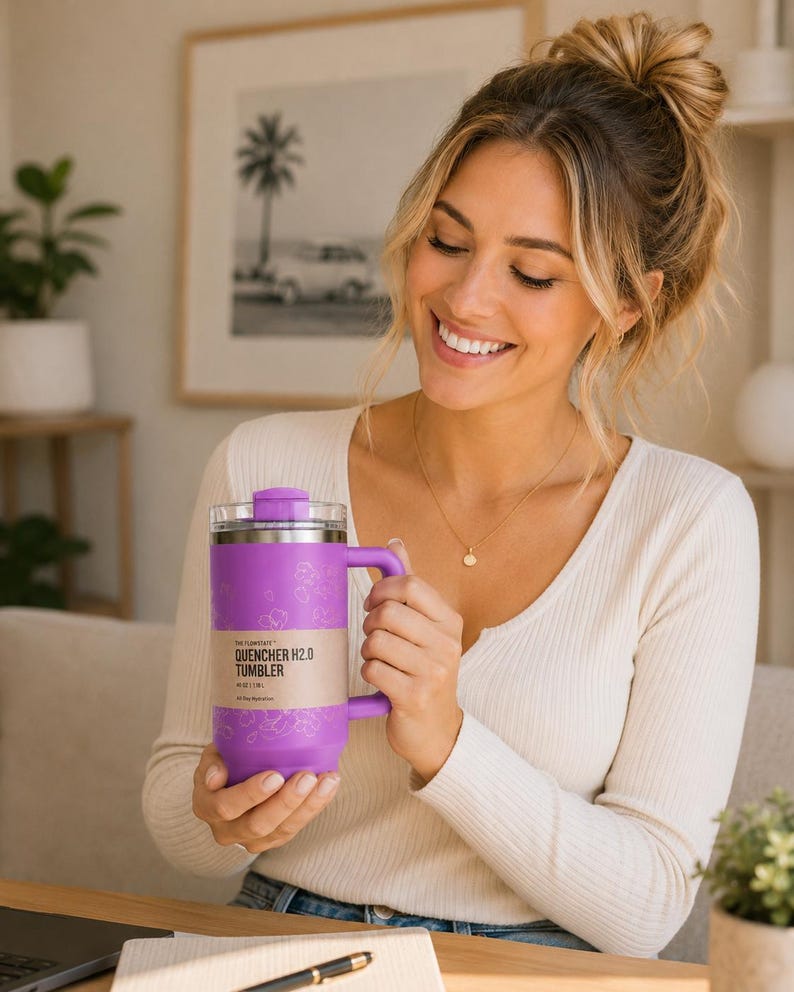 May include: A purple insulated tumbler with a handle and a clear lid. The tumbler has a label that reads "QUENCHER H2.0 TUMBLER". The tumbler is held by a person wearing a white long-sleeved shirt.