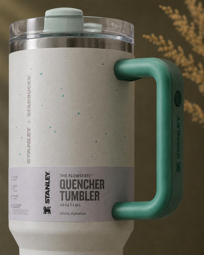 Puede incluir: Un vaso Stanley Quencher moteado blanco y verde azulado con asa y tapa verde azulado. El vaso tiene el texto "STANLEY + STARBUCKS" y "THE FLOWSTATE QUENCHER TUMBLER 1,18 L" impreso en el lateral. Dise&ntilde;ado para la hidrataci&oacute;n durante todo el d&iacute;a.