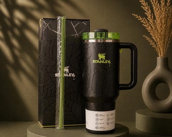 Spider Web Stanley Tumbler 40oz | Black Neon Green Insulated Travel Mug Handle Straw