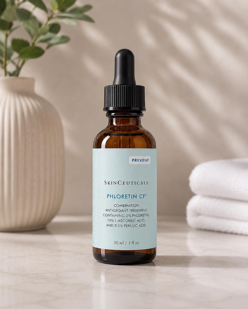Peut inclure: Flacon en verre brun de s&eacute;rum SkinCeuticals Phloretin CF avec un compte-gouttes noir. L'&eacute;tiquette est bleu clair et blanche, avec le mot &laquo; PREVENT &raquo; en haut. Le flacon contient 30 ml / 1 fl oz d'un traitement antioxydant combin&eacute;.