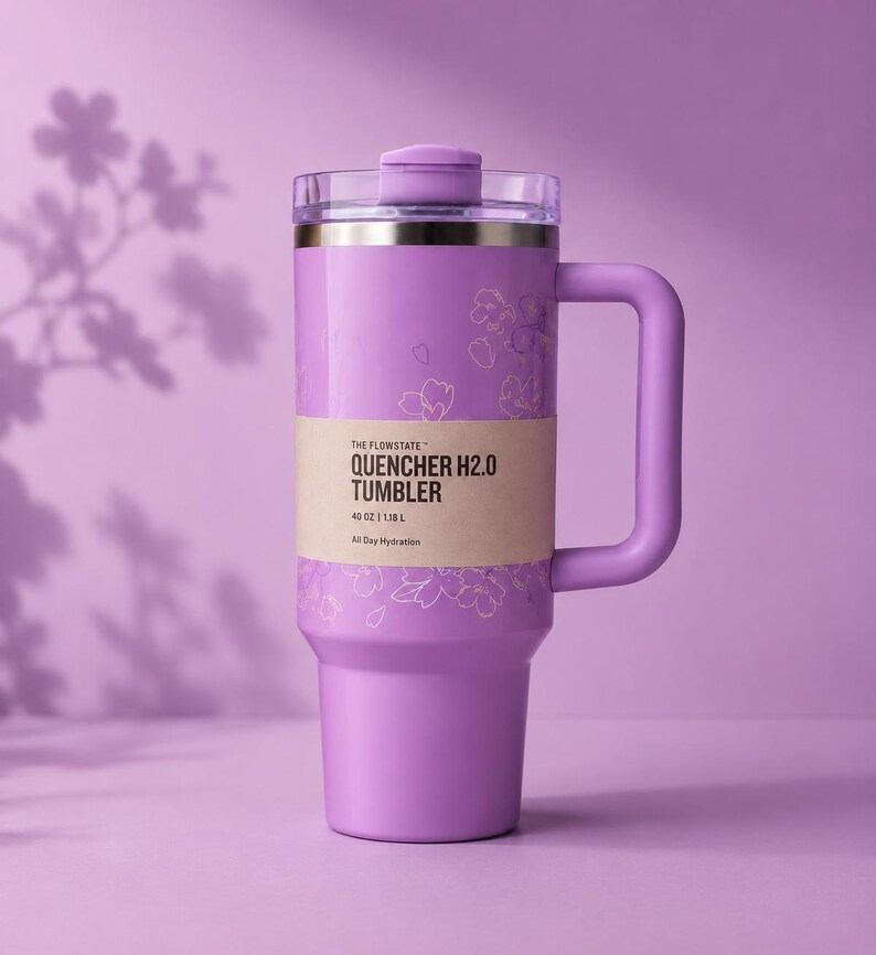 May include: A lilac-coloured tumbler with a handle and a clear lid. The tumbler has a gold rim and a band of text that reads "QUENCHER H2.0 TUMBLER". The tumbler is decorated with a floral design and is designed to hold 1.18 L of liquid.