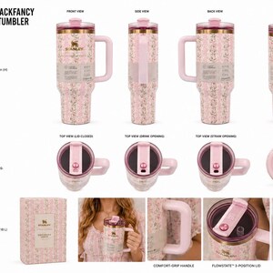 Może przedstawiać: R&oacute;żowy kubek Stanley Loveshackfancy Quencher H2.0 z kwiatowym wzorem. Kubek o pojemności 1,18 L ma uchwyt i pokrywkę. Wymiary to 9,8 cm (szer.) x 14,6 cm (dł.) x 31,3 cm (wys.).