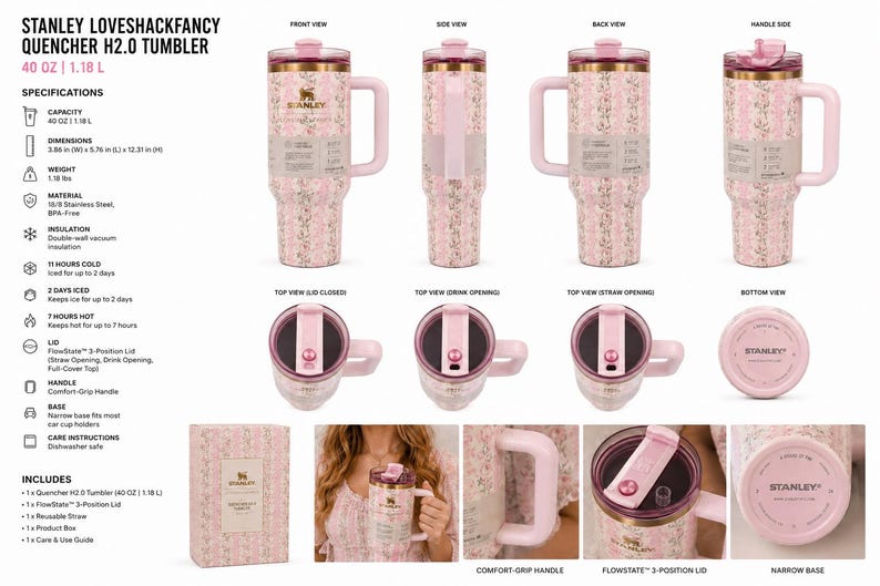 Może przedstawiać: R&oacute;żowy kubek Stanley Loveshackfancy Quencher H2.0 z kwiatowym wzorem. Kubek o pojemności 1,18 L ma uchwyt i pokrywkę. Wymiary to 9,8 cm (szer.) x 14,6 cm (dł.) x 31,3 cm (wys.).
