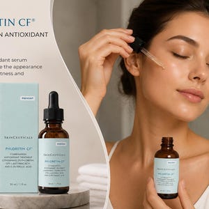 Peut inclure: Publicit&eacute; pour un produit de soin de la peau. L'image montre une femme appliquant un s&eacute;rum d'un flacon en verre brun avec une pipette. Le produit est &eacute;tiquet&eacute; "PHLORETIN CF&reg; COMBINATION ANTIOXIDANT TREATMENT". Le s&eacute;rum est con&ccedil;u pour am&eacute;liorer la clart&eacute; de la peau et r&eacute;duire les ridules.