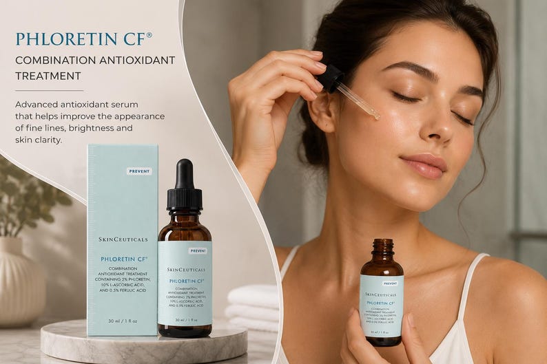 Peut inclure: Publicit&eacute; pour un produit de soin de la peau. L'image montre une femme appliquant un s&eacute;rum d'un flacon en verre brun avec une pipette. Le produit est &eacute;tiquet&eacute; "PHLORETIN CF&reg; COMBINATION ANTIOXIDANT TREATMENT". Le s&eacute;rum est con&ccedil;u pour am&eacute;liorer la clart&eacute; de la peau et r&eacute;duire les ridules.