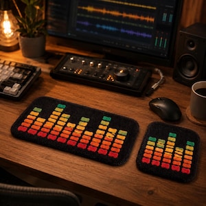 May include: A rectangular keyboard mat and a square mouse pad, both featuring a black background with a tufted, multi-colored audio equalizer graphic in shades of red, orange, yellow, and green. The textured fabric surfaces display a repeating bar pattern.