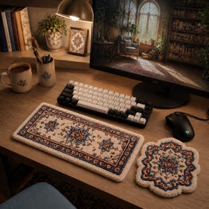 以下が含まれることがあります： 長方形のキーボード用リストレストと、お揃いのスカラップ型コースター。どちらもクリーム色のベースに、伝統的なラグを思わせる青、オレンジ、茶色の複雑な花柄が施されており、木製のデスクの上に置かれています。