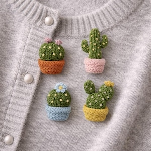 Puede incluir: Un cárdigan gris claro adornado con cuatro broches de cactus tejidos. Los cactus son verdes con puntos blancos, y las macetas son en tonos naranja, rosa, azul y amarillo. El cárdigan tiene botones de perlas.