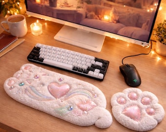 Handmade Pearl Iridescence Punch Needle Wrist Rests, Keyboard Mouse Mat Set