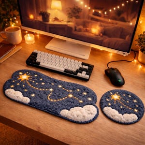 Stargazer Punch Needle Wrist Rests | Celestial Keyboard Mouse Mat Set, Handmade Textile Desk Decor