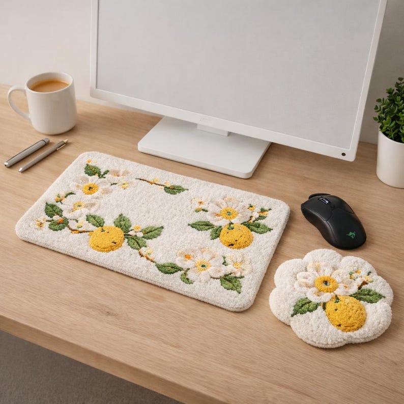 Pear Blossom Punch Needle Desk Set | Floral Keyboard Mouse Wrist Rest ...