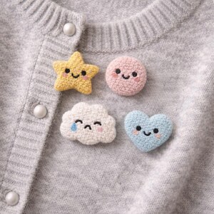 以下が含まれることがあります： グレーのカーディガンに、黄色い星、ピンクの円、青い涙の白い雲、水色のハートの4つの刺繍パッチが飾られています。各パッチには笑顔の顔があります。