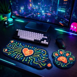 Microchip Grid Punch Needle Desk Set | Futuristic Gamer Keyboard Mouse Rests