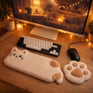 以下が含まれることがあります： 白と黒のメカニカルキーボード、黒いマウス、猫の形をしたリストレストと足跡型のマウスパッドを備えた、居心地の良いデスクセットアップ。 リストレストは白地に茶色のアクセントと刺繍が施されています。 マウスパッドは白地に茶色の肉球です。