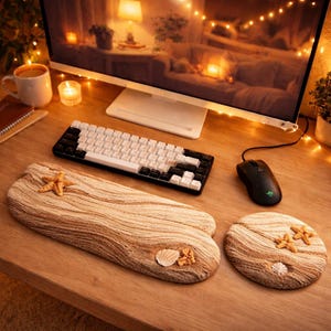 Driftwood Grain Punch Needle Keyboard Mouse Wrist Rest Set, Textured Workspace Decor