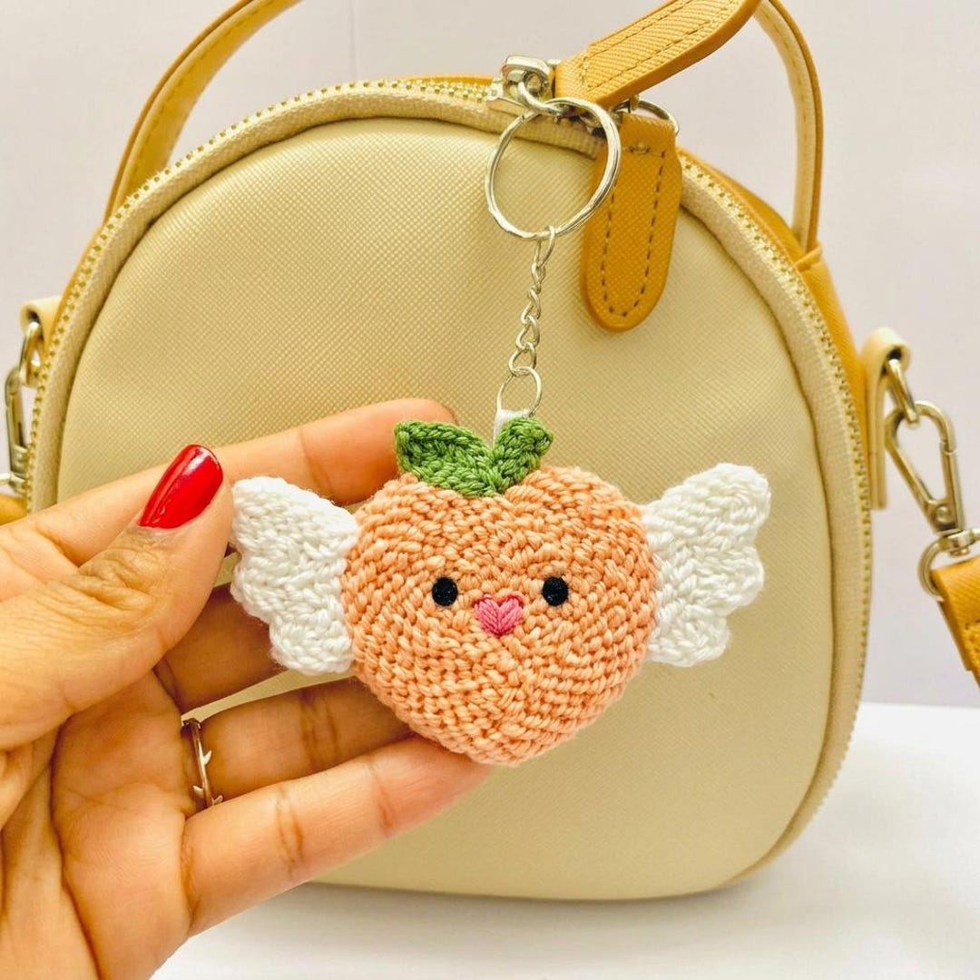 Valentine Cupid Peach Keychain, Handmade Punch Needle Winged Fruit