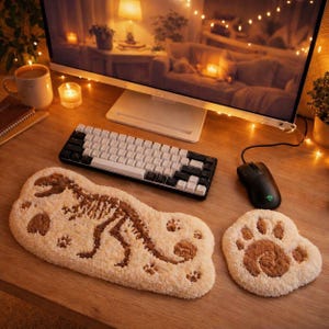 Puede incluir: Un escritorio beige con un teclado blanco y negro, un ratón negro y dos alfombrillas de felpa. Una alfombrilla tiene forma de esqueleto de dinosaurio, la otra es una huella de pata. El escritorio es de madera.