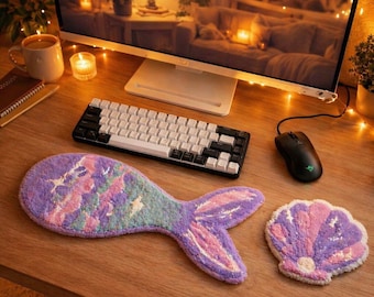Mermaid Tail Punch Needle Desk Set, Iridescent Textile Wrist Rest Duo