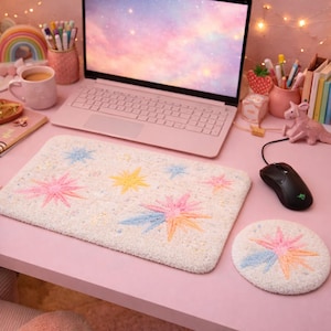 Handmade Punch Needle Desk Set, Radiant Aura Wrist Rest Mats, Chromatic Light Pattern Duo