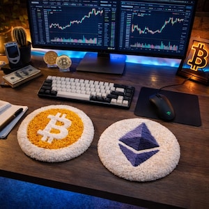 Può includere: Due tappeti rotondi e soffici con simboli di criptovalute su una scrivania di legno. Un tappeto presenta un simbolo Bitcoin dorato, e l'altro un simbolo Ethereum viola. Un monitor di computer mostra grafici di borsa, e sono visibili anche una tastiera e un mouse.