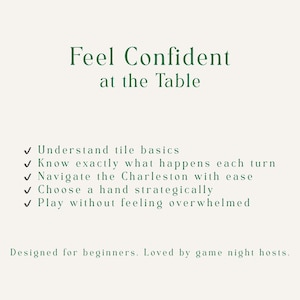 May include: A cream-colored graphic with the text "Feel Confident at the Table" in dark green. Bullet points list game tips, including understanding tile basics and choosing hands strategically. The text "Designed for beginners. Loved by game night hosts" is also included.