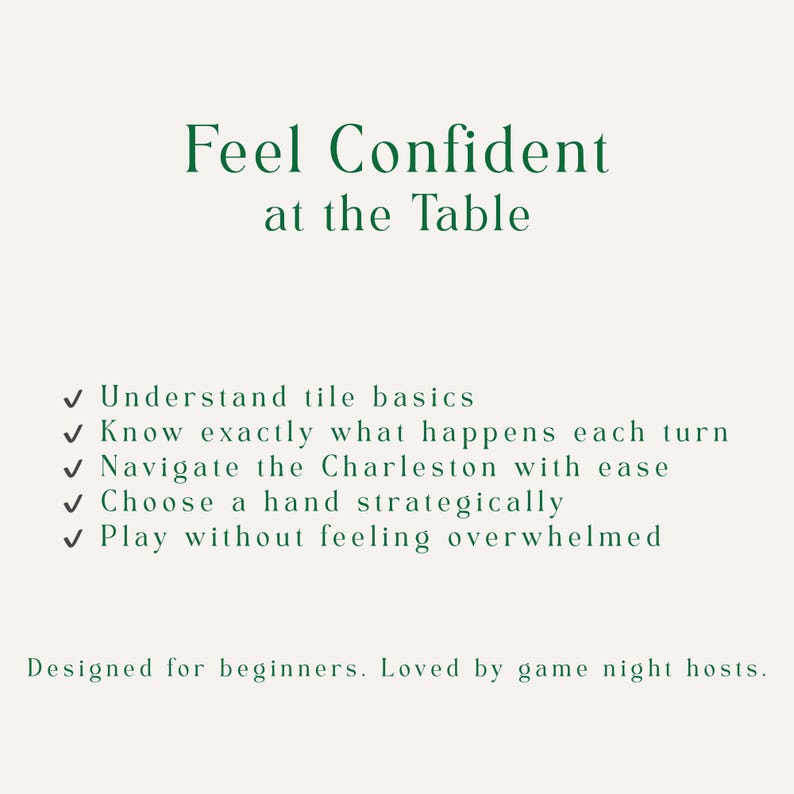 May include: A cream-colored graphic with the text "Feel Confident at the Table" in dark green. Bullet points list game tips, including understanding tile basics and choosing hands strategically. The text "Designed for beginners. Loved by game night hosts" is also included.