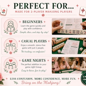 May include: An informational graphic for a 2-player Mahjong game featuring text headers like PERFECT FOR, BEGINNERS, CASUAL PLAYERS, and GAME NIGHTS. It includes icons, instructional text, and photographs of people playing the game with tiles.