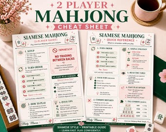 Könnte beinhalten: Zwei-Spieler-Mahjong-Spickzettel mit Anweisungen und Kurzanleitung. Der Leitfaden enthält Einrichtung, Spielreihenfolge, Spielanleitung und Kachelkombinationen. Der Text ist grün und rosa auf weißem Hintergrund.