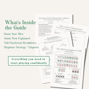 May include: A guide for playing Mahjong, with text that reads "What's Inside the Guide" and "Everything you need to start playing confidently." The guide includes sections on tiles, game flow, Charleston, and beginner strategy.