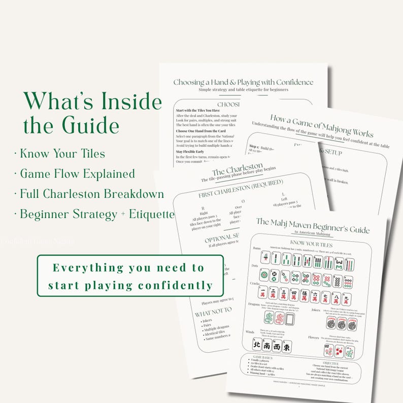 May include: A guide for playing Mahjong, with text that reads "What's Inside the Guide" and "Everything you need to start playing confidently." The guide includes sections on tiles, game flow, Charleston, and beginner strategy.