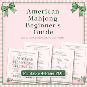 May include: A pink and green printable PDF guide for American Mahjong beginners. The guide includes step-by-step instructions, tile information, and game play details. The text "American Mahjong Beginner's Guide" is displayed at the top.