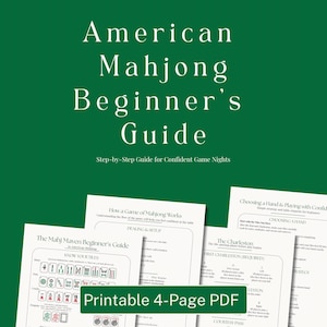 May include: A green background with the text "American Mahjong Beginner's Guide" in white. Below the title is "Step-by-Step Guide for Confident Game Nights." The image also shows several pages of a printable PDF guide.