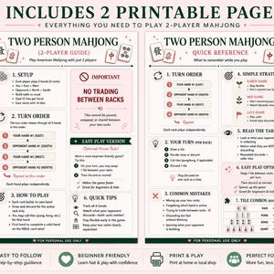 May include: Two printable pages for a two-person Mahjong game guide. The pages feature text, icons, and instructions for setup, turn order, and strategy. The design uses a light pink background with dark green and black text and graphics.