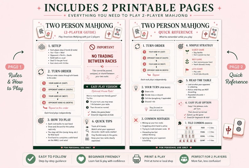 May include: Two printable pages for a two-person Mahjong game guide. The pages feature text, icons, and instructions for setup, turn order, and strategy. The design uses a light pink background with dark green and black text and graphics.