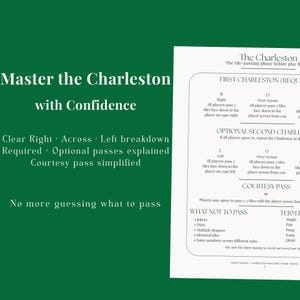 May include: A green and white guide to the Charleston phase of Mahjong. Text includes "Master the Charleston with Confidence" and explains tile passing. Diagrams and lists detail required and optional passes, and what not to pass.