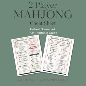 May include: A two-page printable PDF guide for 2-player Mahjong. The sheets feature black text, red accents, and icons on a white background, detailing setup, turn order, strategy, and tile combinations for the game of American Mahjong.