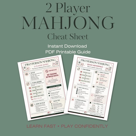 2 Player Mahjong Cheat Sheet | Two Person Mahjong Rules | American Mahjong Printable | Beginner Mahjong Guide | Mahjong PDF