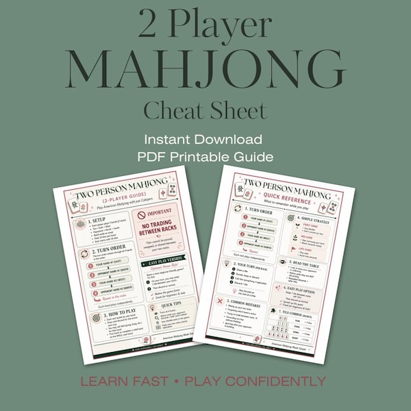 Guía rápida de Mahjong para 2 jugadores / Reglas de Mahjong para dos personas / Mahjong americano imprimible / Guía de Mahjong para principiantes / Mahjong en PDF